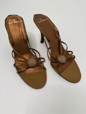 Delman Vintage Strappy Slingback Heels Bronze Satin Rhinestone Medallion Size 8
